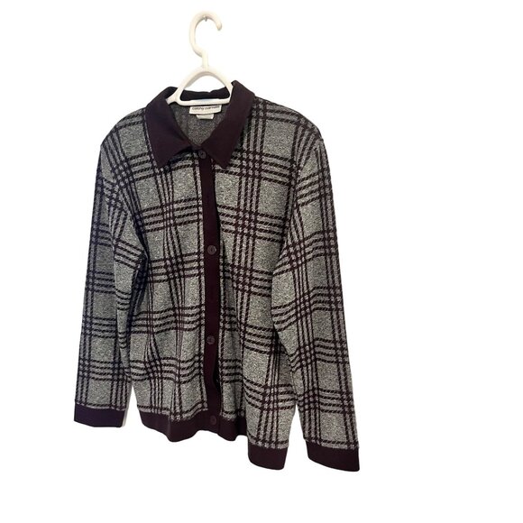 Cathy Daniels Womens Plaid Knit Cardigan Sweater Button Up Sz M Burgundy Gray - Picture 3 of 8